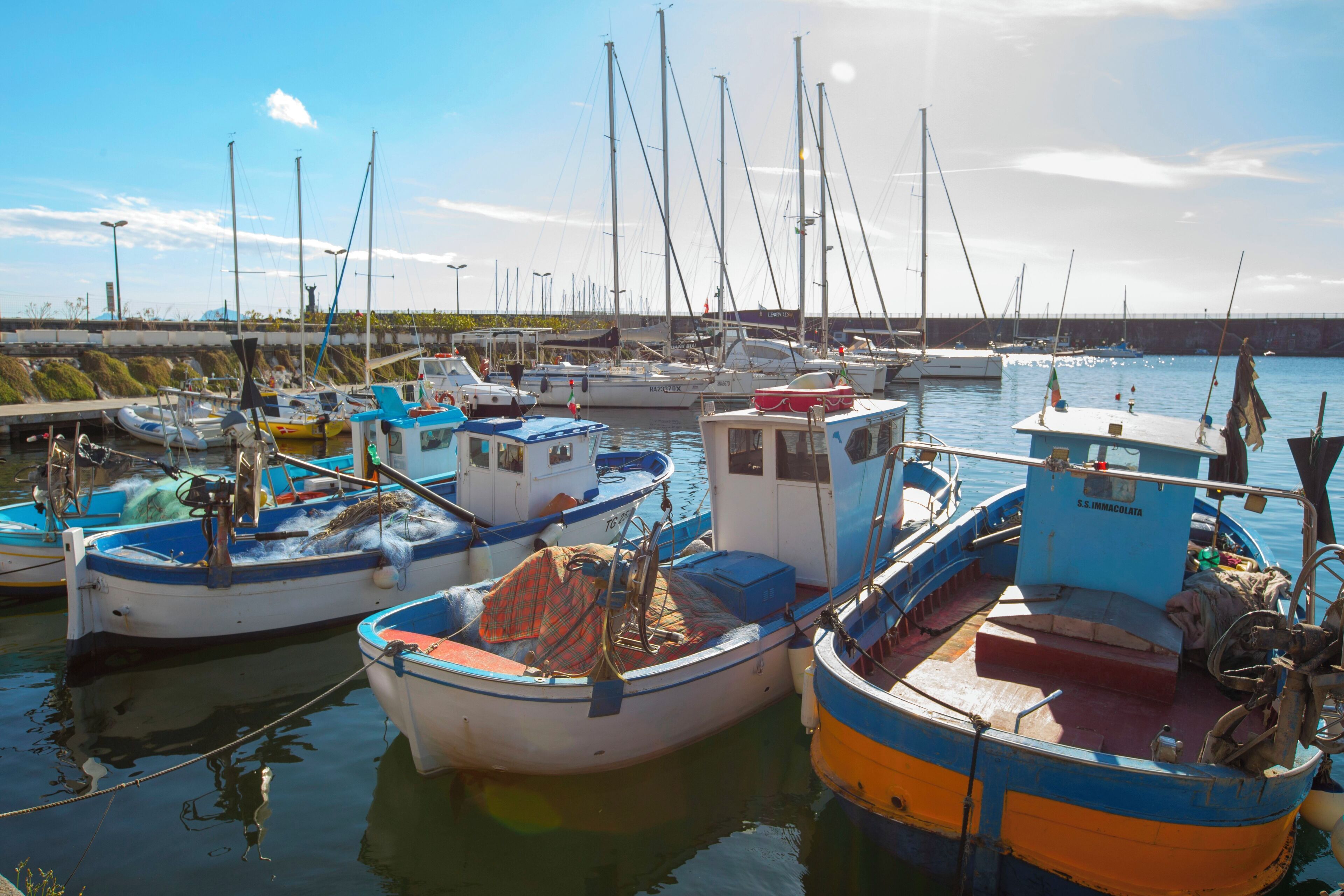A marina with several boats docked.