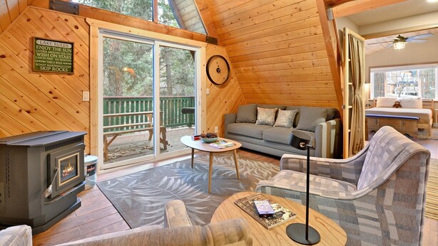 L’intérieur d’un chalet accueillant, avec une cheminée, un canapé, une table basse et une terrasse offrant une vue sur les arbres.
