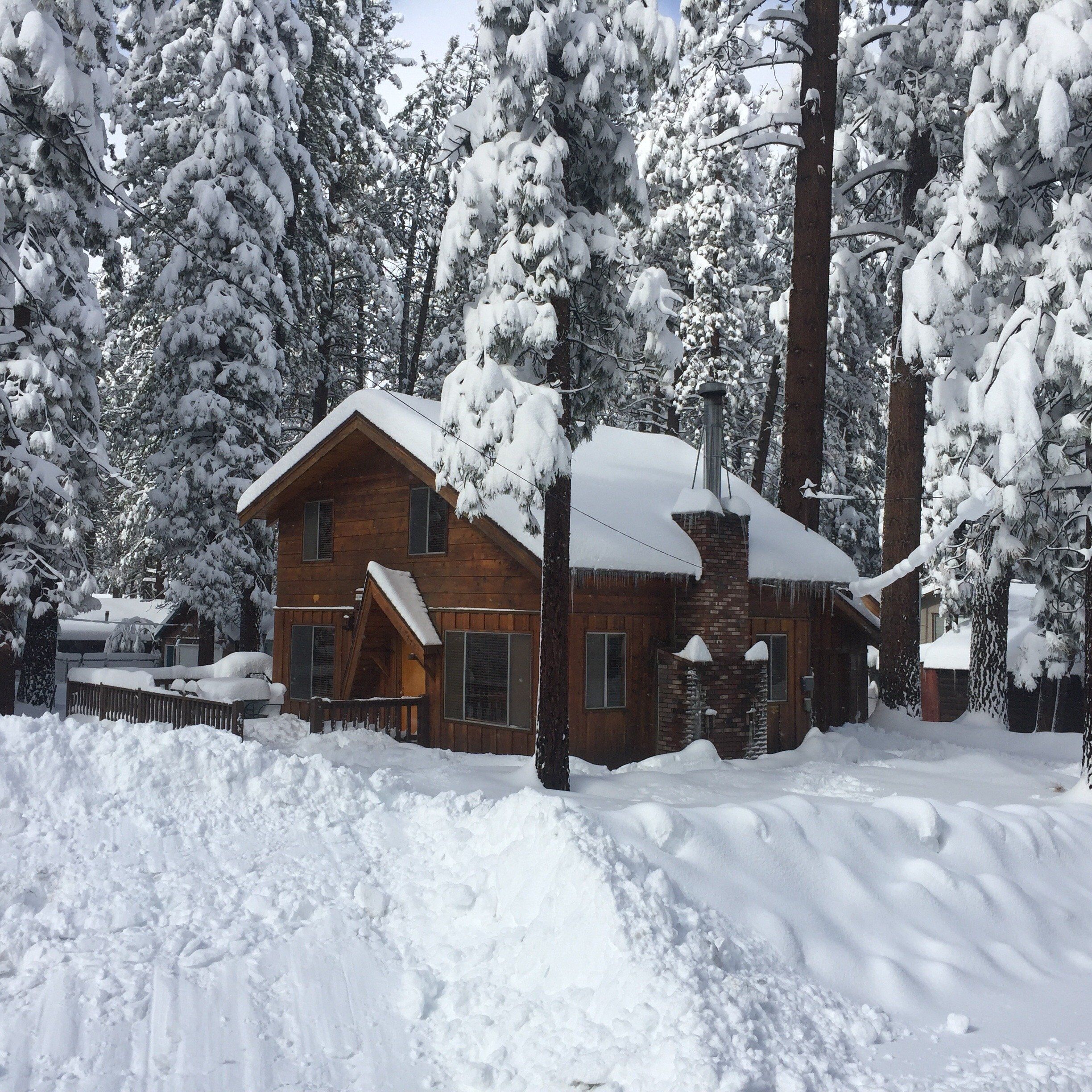 A wooden cabin surrounded by snow-covered trees.