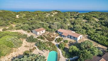 An aerial view of a property with two buildings, a swimming pool, and a forested landscape.