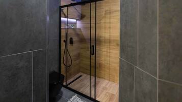 Shower, hair dryer, towels, shampoo