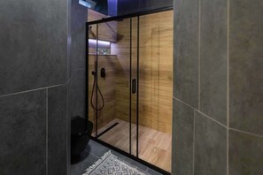 Douche, séchoir à cheveux, serviettes fournies, shampooing