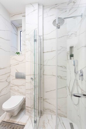 Shower, hair dryer, towels