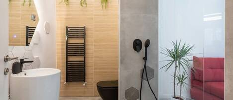 Shower, hair dryer, towels