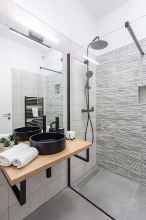 Shower, hair dryer, towels