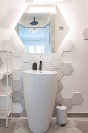 Shower, hair dryer, towels, shampoo