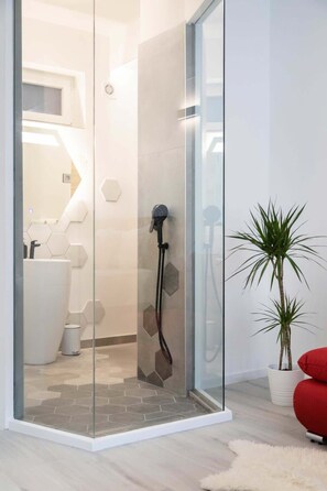 Shower, hair dryer, towels, shampoo