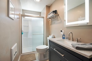 Une salle de bain équipée d’une douche, de toilettes, d’un lavabo et d’un miroir.