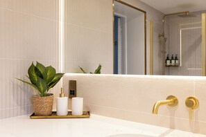 Shower, hair dryer, bidet, towels