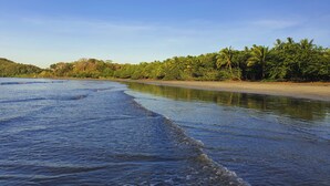 Una playa con agua cristalina, una orilla arenosa y densa vegetación tropical.