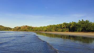 On the beach, sun-loungers, beach towels