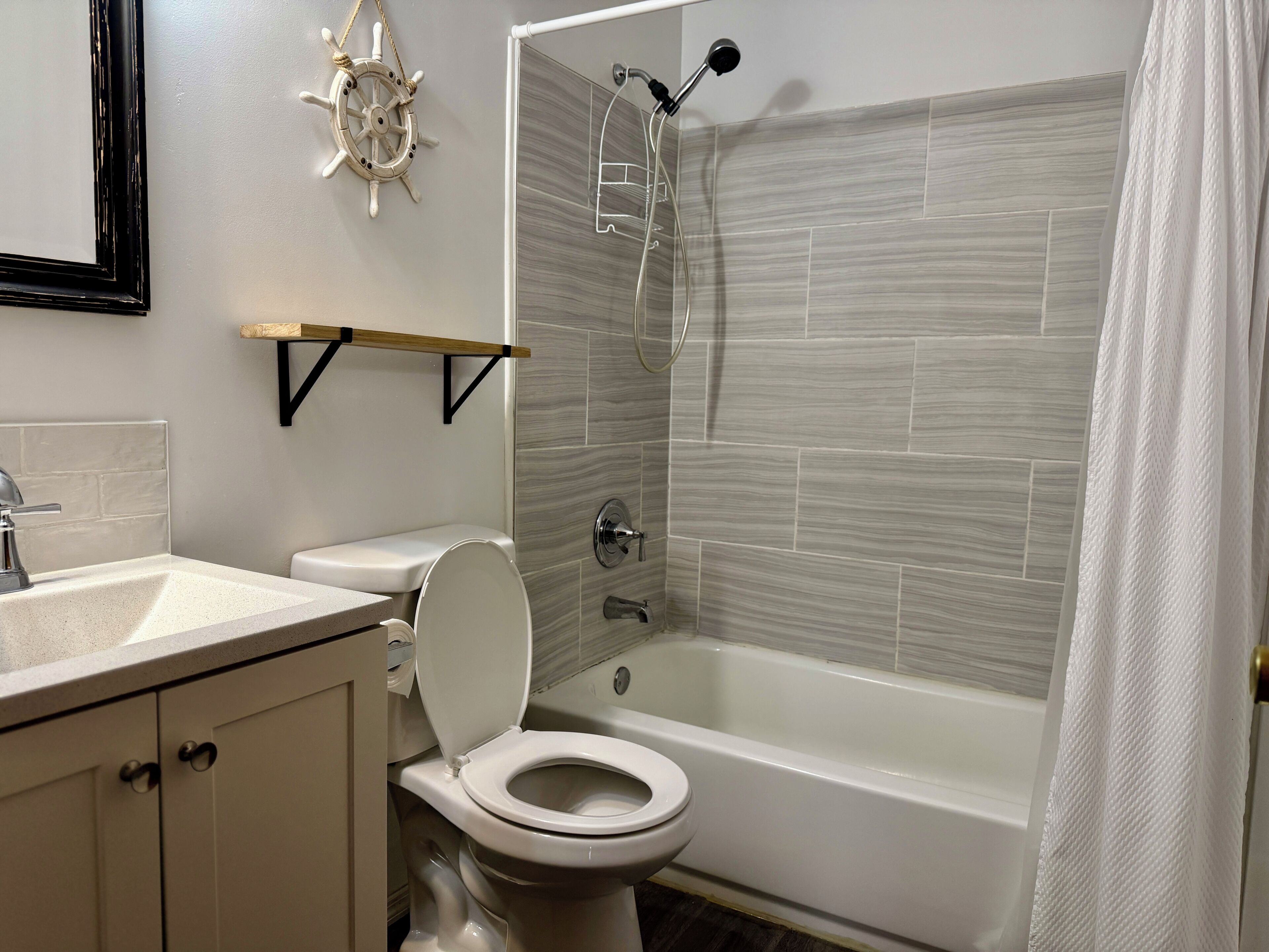 Hair dryer, towels, soap, toilet paper