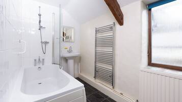 Hair dryer, towels, soap, shampoo