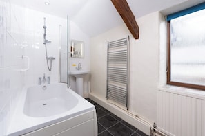 Hair dryer, towels, soap, shampoo