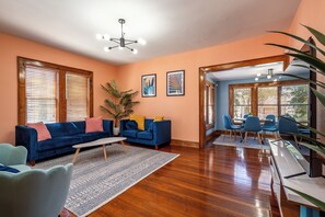 Smart TV, fireplace, foosball, books