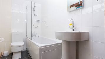 Hair dryer, towels, soap, toilet paper