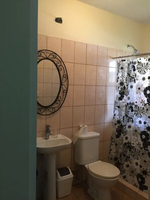 Een douche, een haardroger, handdoeken, zeep