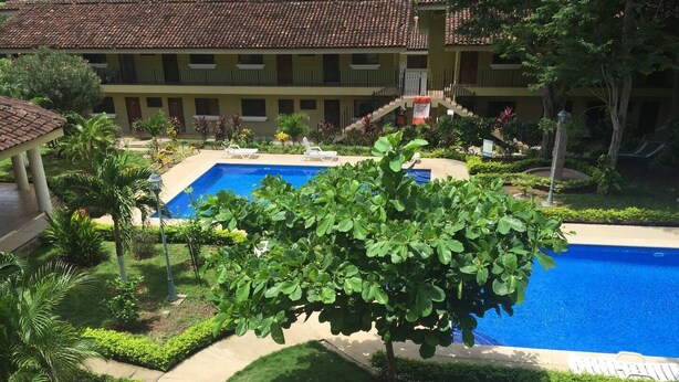 A hotel with a swimming pool surrounded by well-maintained gardens and a large tree. - Beach Area Studio (Playas del Coco)
