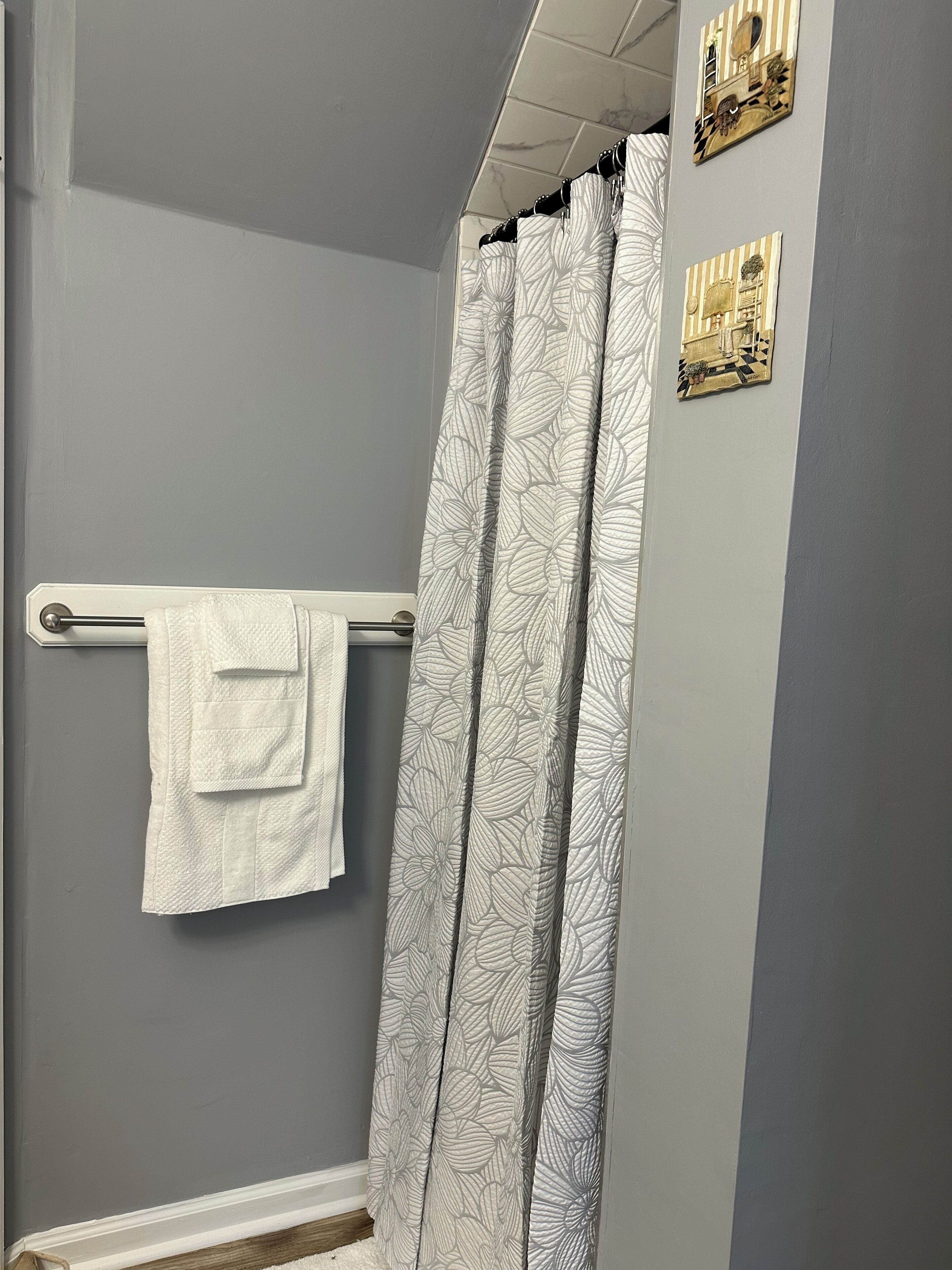 Une salle de bain avec un mur gris, une serviette blanche suspendue à un porte-serviettes, un rideau de douche à motifs et deux éléments décoratifs fixés au mur.