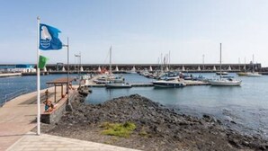 A marina with boats docked, a pier, and a flagpole with a flag. - Charming Apartment & Diving La Restinga (La Restinga)