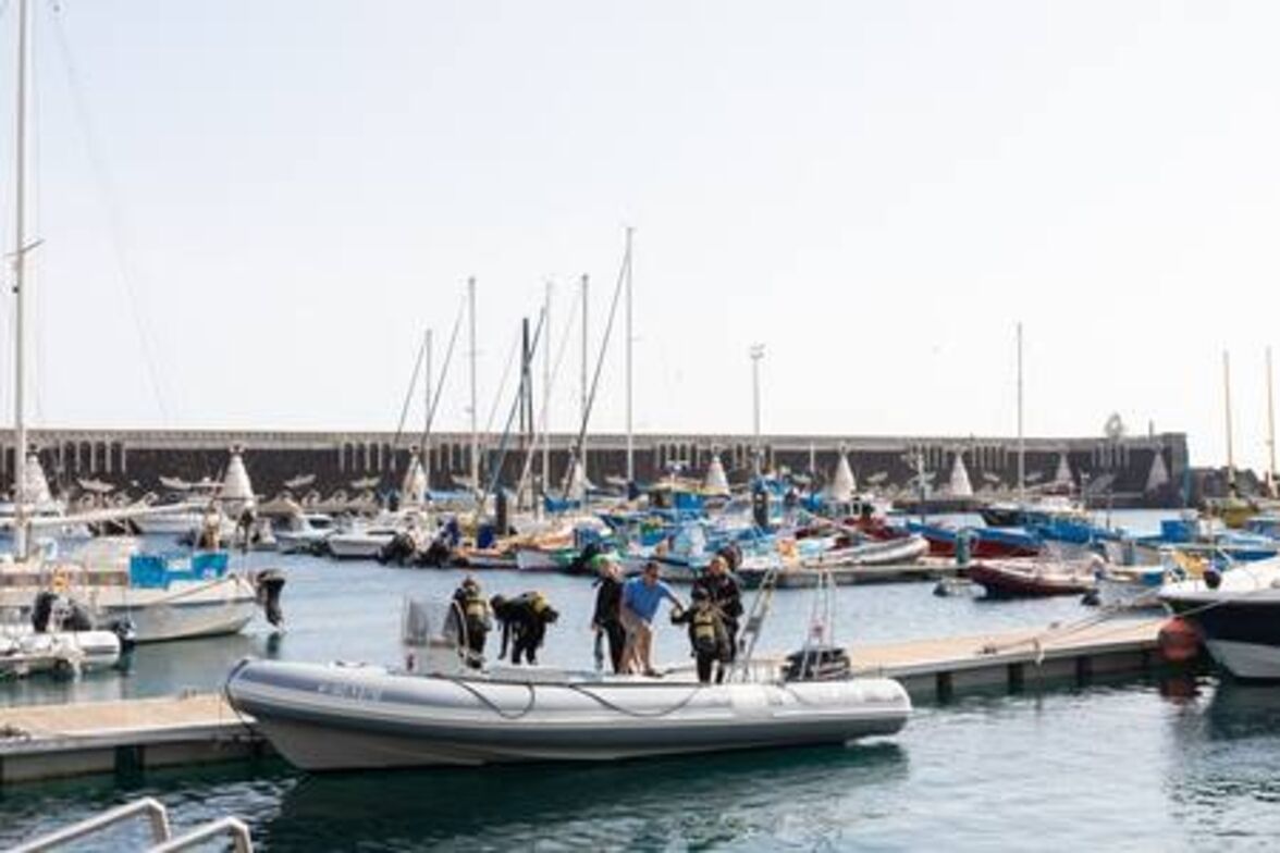 Un puerto deportivo con barcos amarrados y gente en una embarcación.