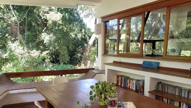 Taula de fusta amb prestatgeries, una planta i una banca en una habitació amb vistes a arbres.
