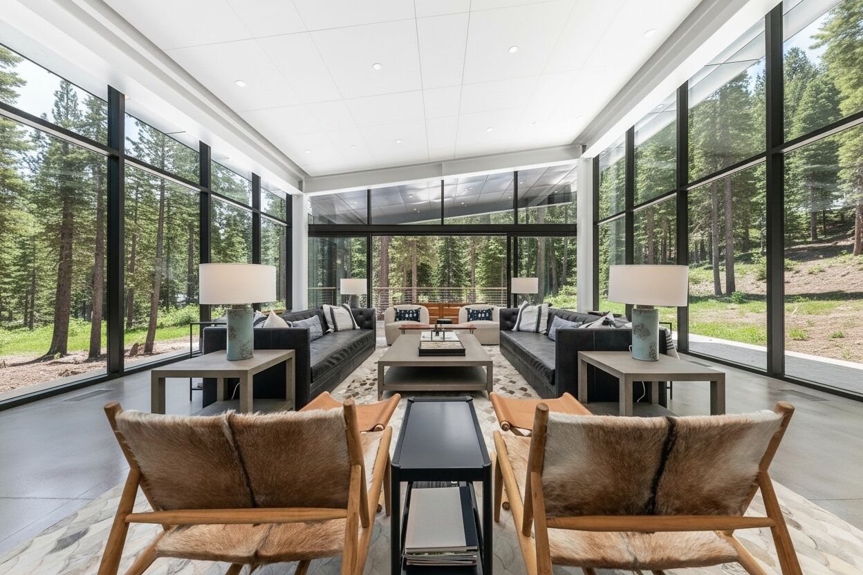 Ein geräumiges Wohnzimmer mit großen Fenstern, einem Couchtisch in der Mitte, Sofas und Sesseln.