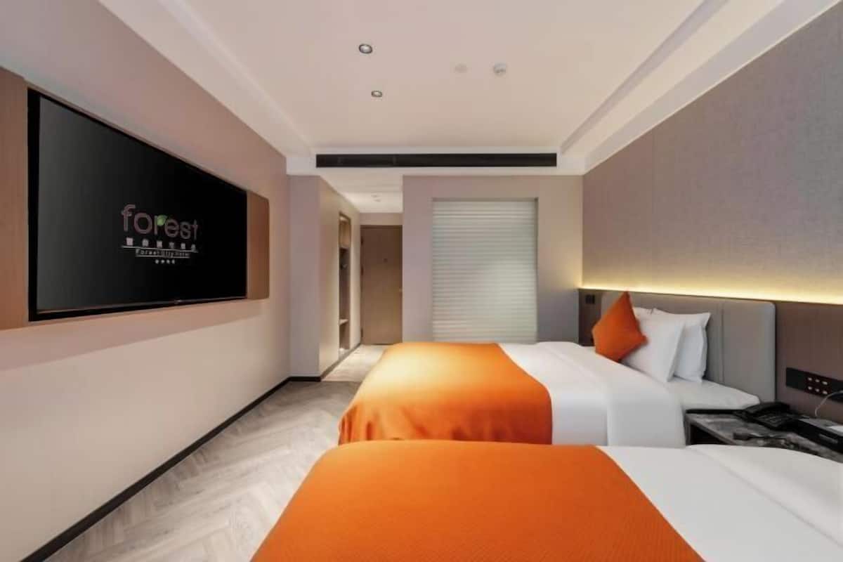 Habitación de hotel con dos camas, televisión y ventana con persianas.