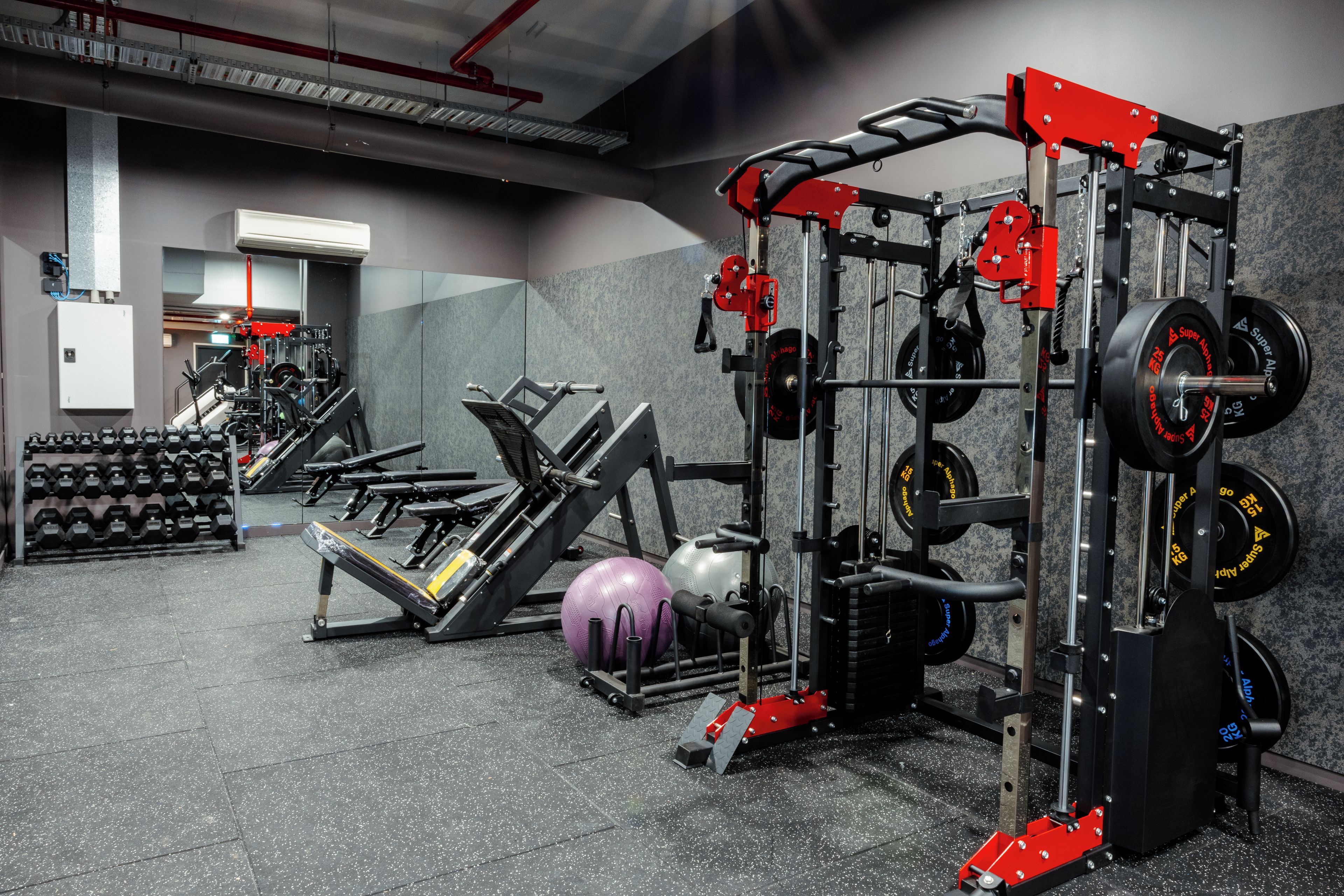 A gym with weightlifting equipment, dumbbells, and exercise balls.