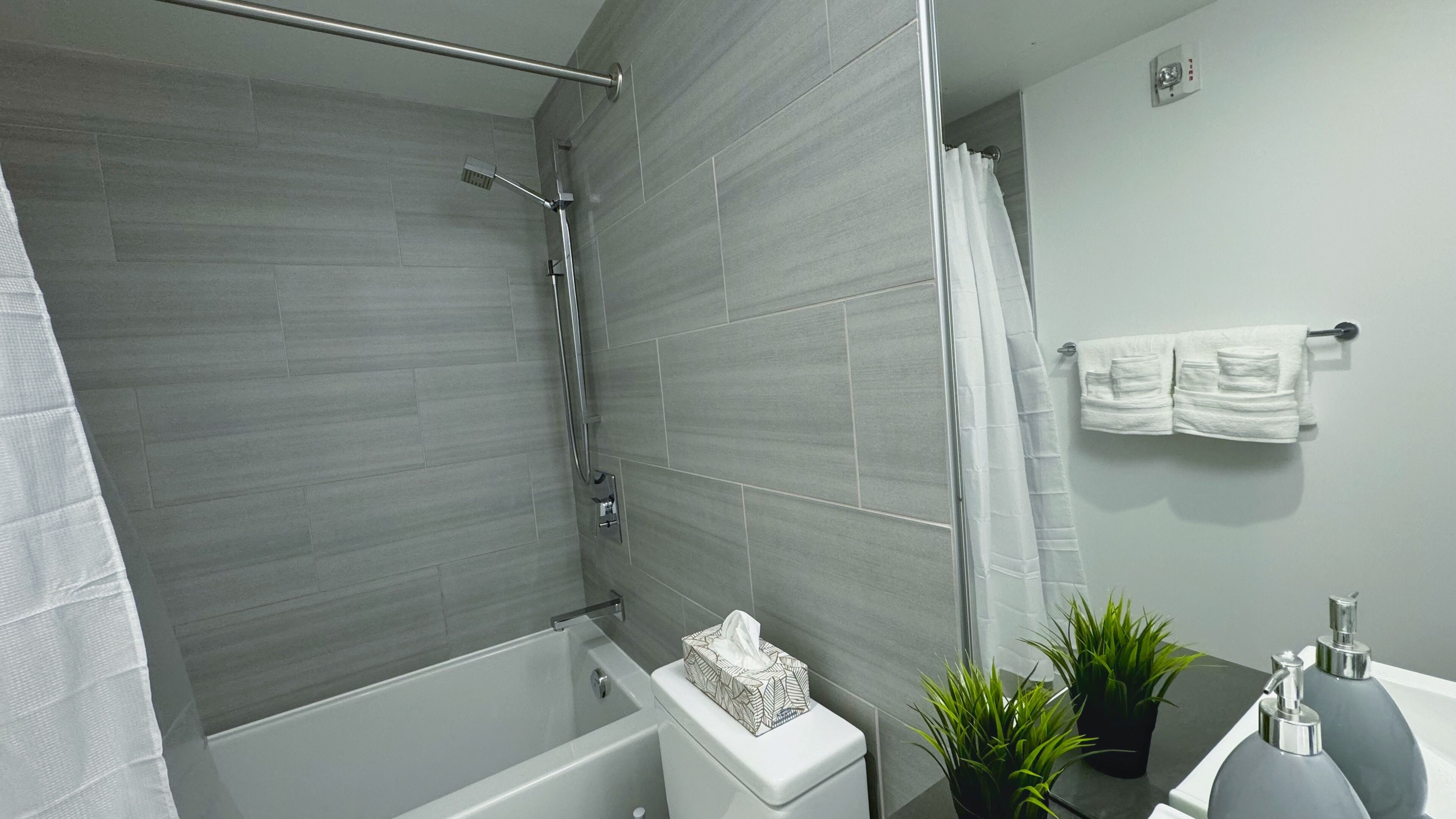 Hair dryer, towels, soap, shampoo