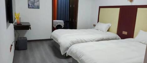 A hotel room with two beds, a TV, a small table with a vase, and a picture on the wall.