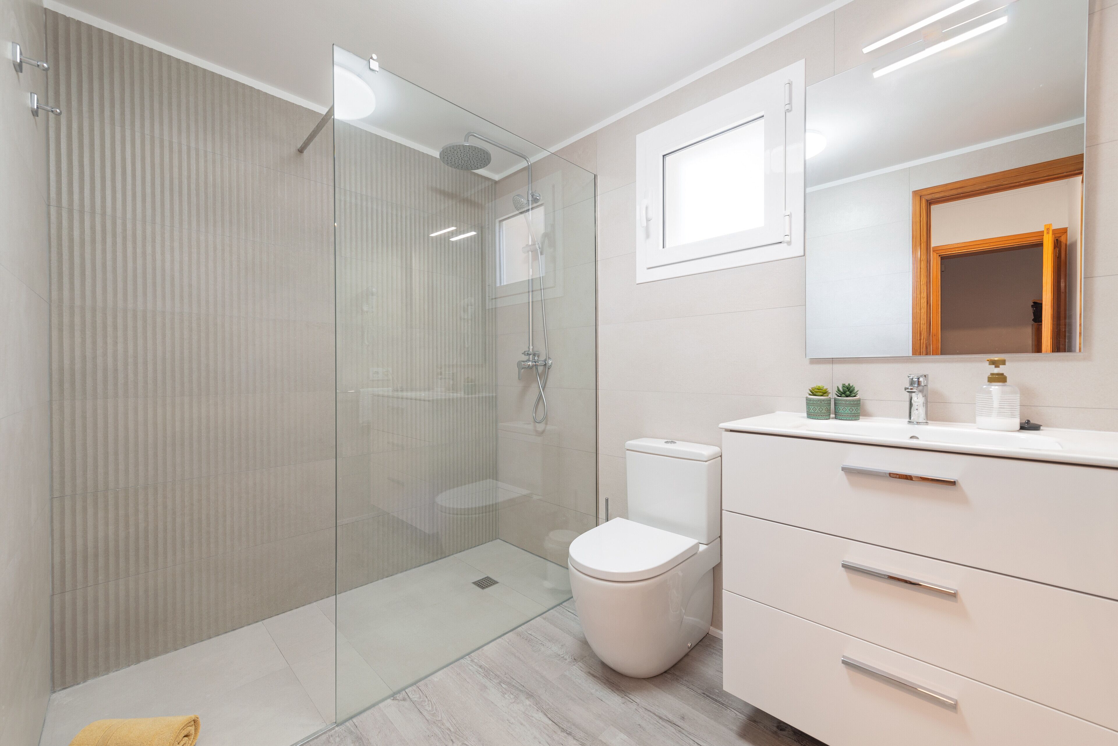Shower, hair dryer, towels