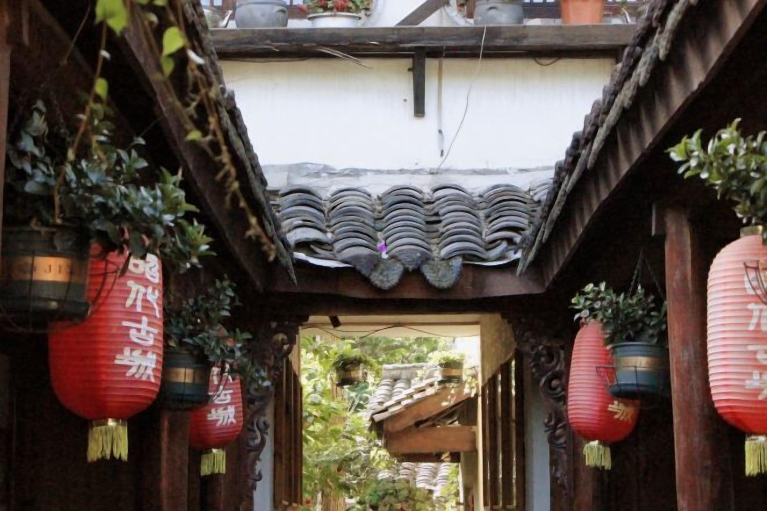 Un estrecho callejón con tejados tradicionales de azulejos y faroles rojos colgantes.