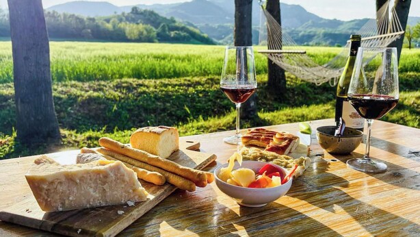 Een picknickopstelling met kaas, brood, fruit op een houten tafel, twee glazen rode wijn en een hangmat in een fraai natuurlandschap.