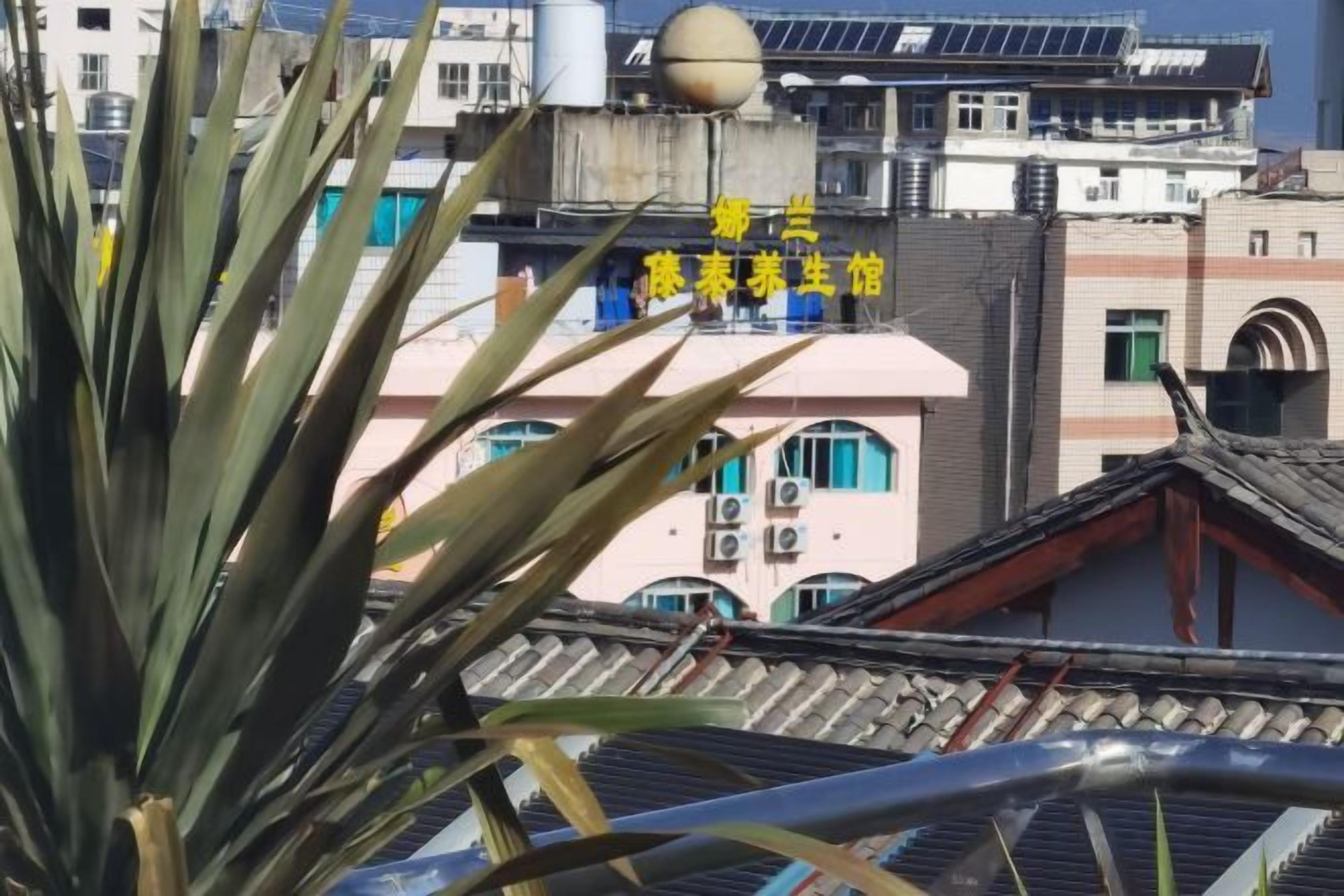 A building with a traditional roof and a sign with yellow characters.