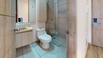 Ducha, cabezal de ducha tipo lluvia, secador de pelo, toallas