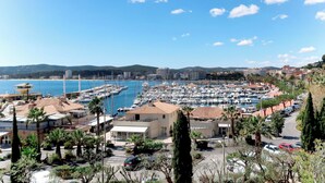 Un puerto deportivo con numerosas embarcaciones amarradas, rodeado de edificios y palmeras.