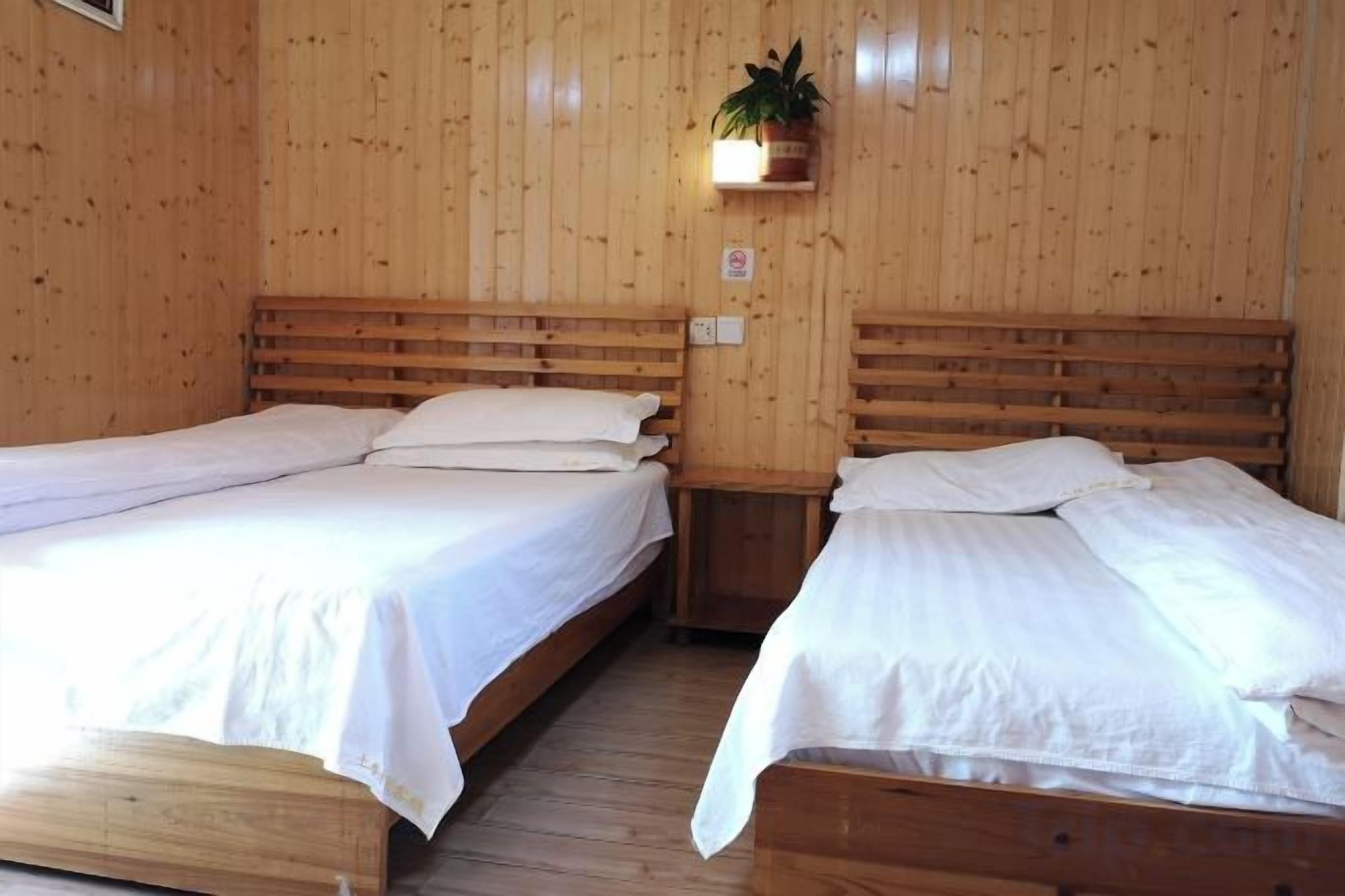 Ein Zimmer mit zwei Holzbetten, einer kleinen Pflanze an der Wand und Holzböden.