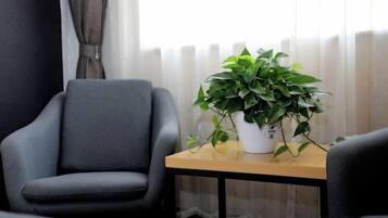 A room with a grey armchair, a small wooden table with a potted plant, and a window with sheer curtains.