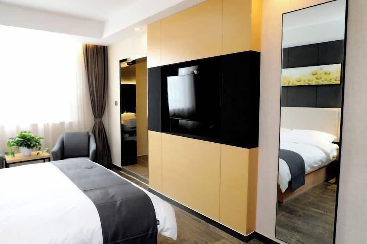 A hotel room with a bed, a TV, a mirror, a desk, and a plant.