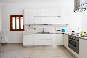 Fridge, oven, stovetop, cookware/dishes/utensils
