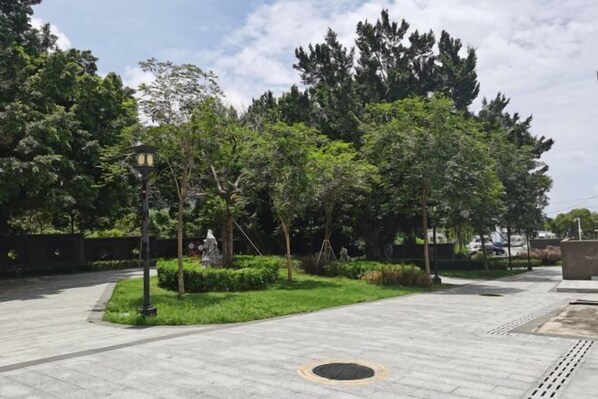 A paved pathway with a manhole cover, surrounded by greenery and trees. - Left-hand hostel in Xichong,shenzhen (Shenzhen)