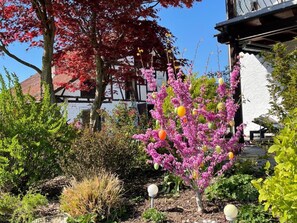 A garden with various plants and trees, a white building with a dark roof, and a clear blue sky. - Apartment 'Bergchalet Mirabell - Fewo Weitblick' with Mountain View at the lake constance (Friedrichshafen)