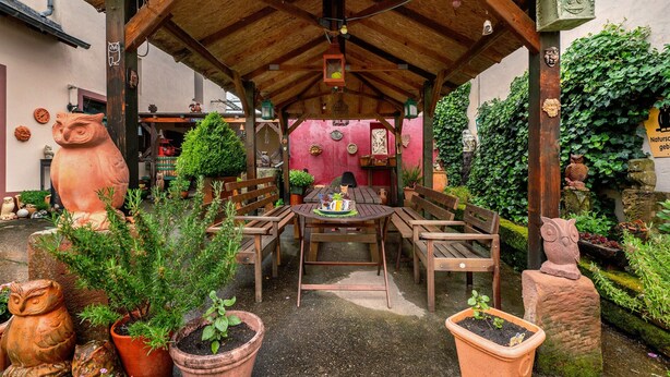 An outdoor patio with a wooden table and chairs, surrounded by potted plants and owl sculptures. - Apartment 'Eulennest 1' with Private Terrace and Wi-Fi (Minheim)