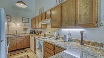 Fridge, microwave, dishwasher, coffee/tea maker