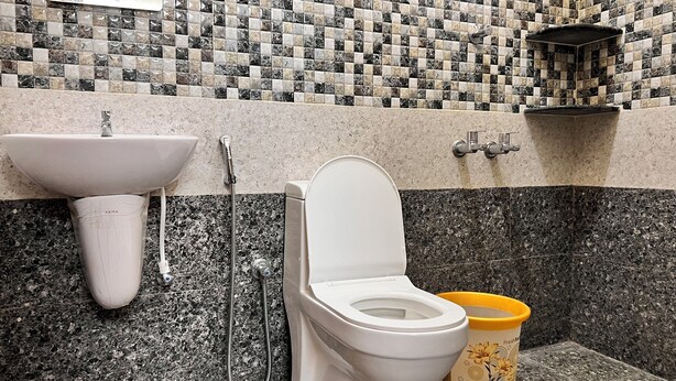A bathroom with a sink, toilet, and shower. - MM Garden (Tarangambadi)