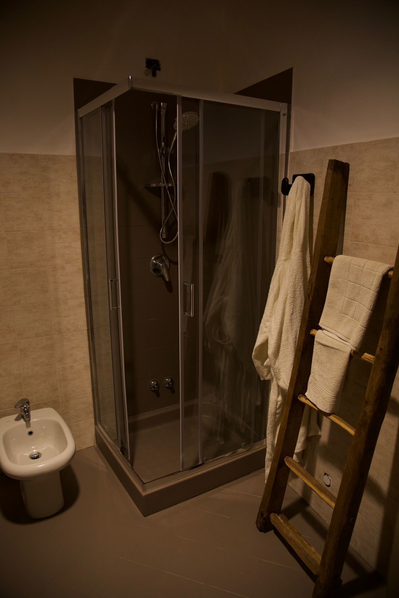Een douche, een haardroger, een bidet, handdoeken