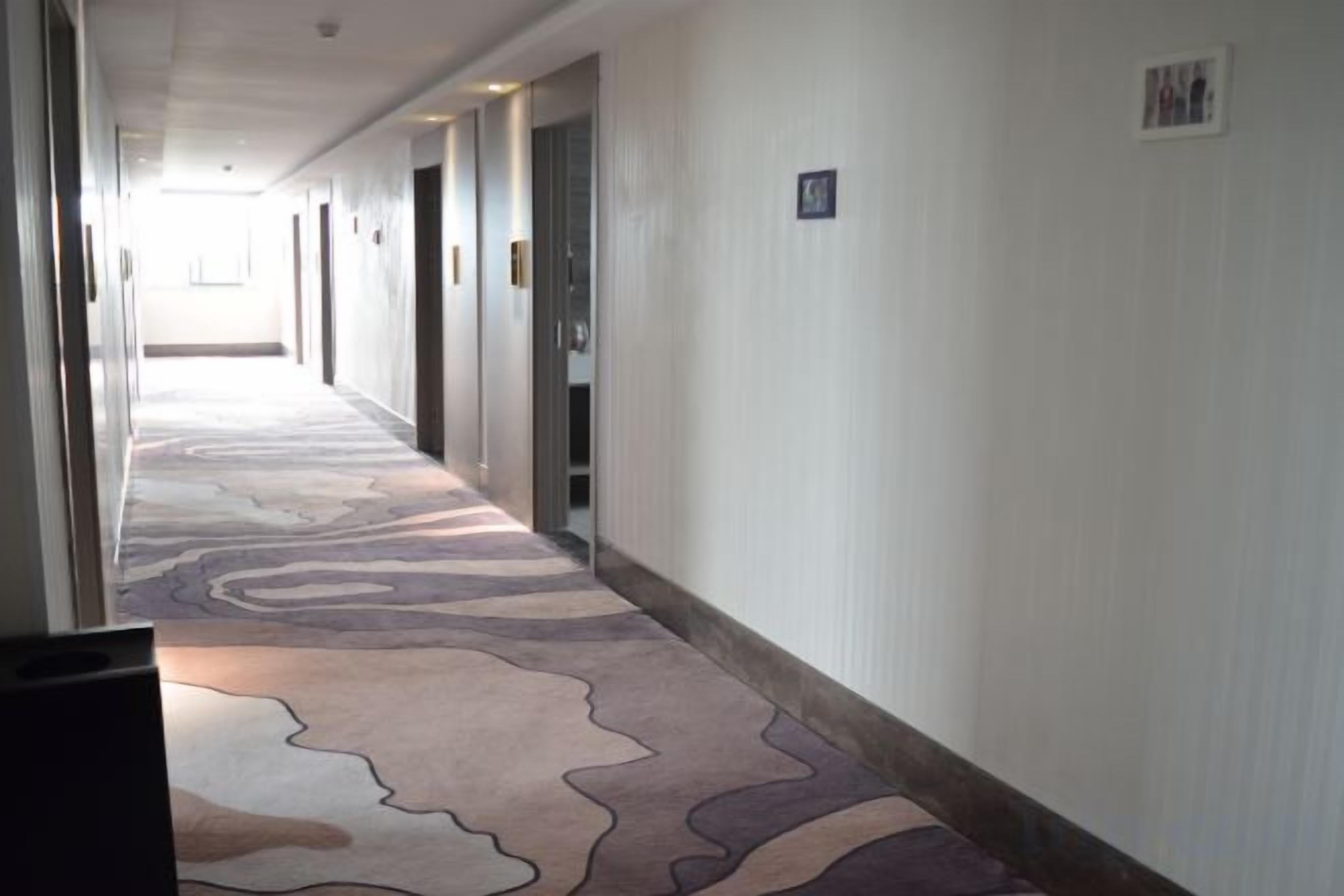 Un couloir d’hôtel avec un tapis à motifs, des portes et un luminaire.