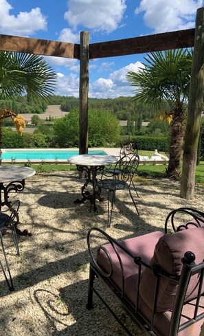 Outdoor dining - La Juliette, a cute studio in an old farmhouse on the side of a hill.  (Celles)