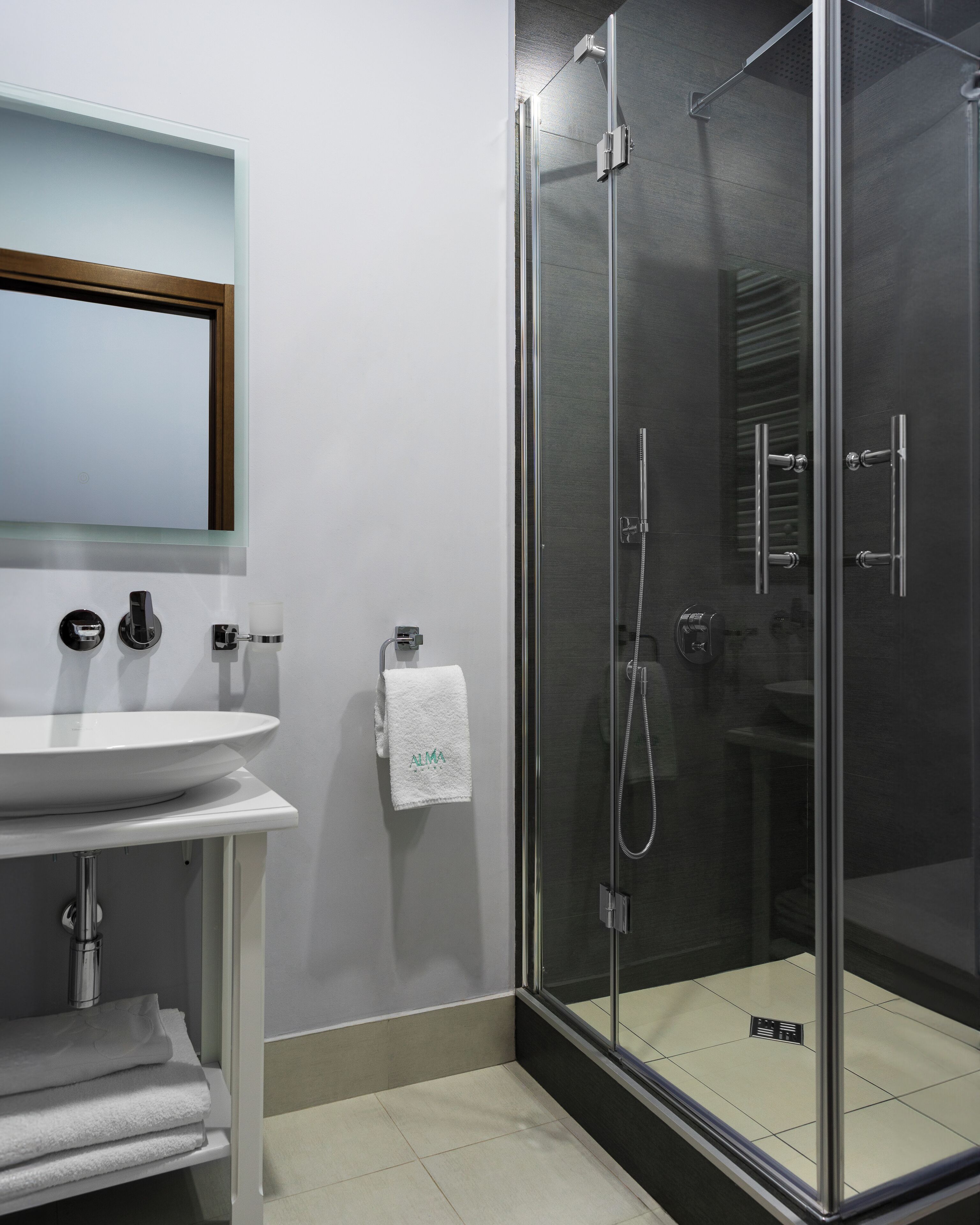 Une salle de bain moderne avec une douche à parois de verre, un lavabo blanc et un miroir au-dessus du lavabo.